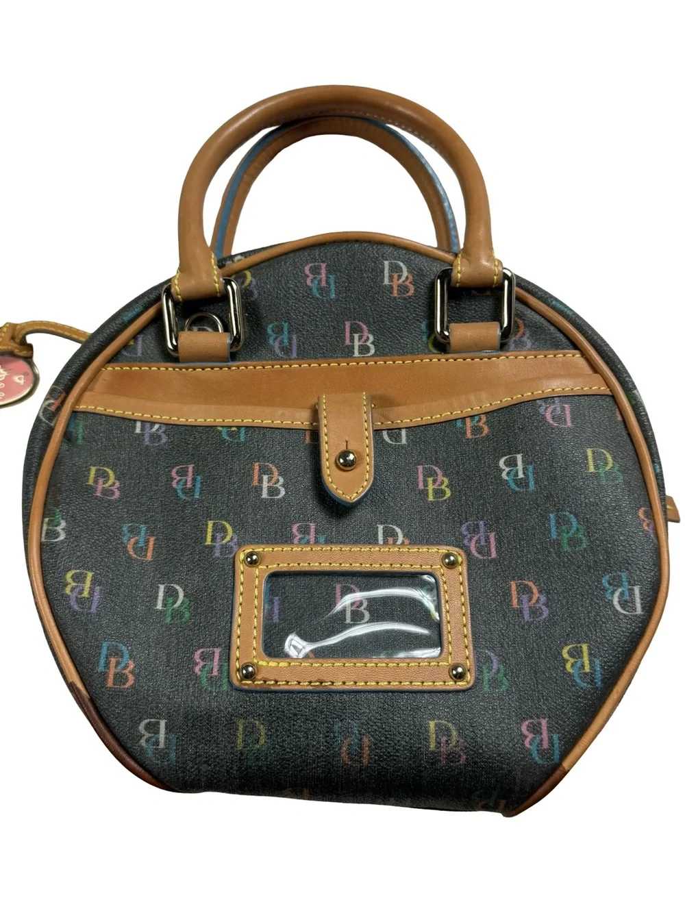 Dooney & Bourke DB Multicolor Monogram Round Satchel Leather Trim Bag Purse